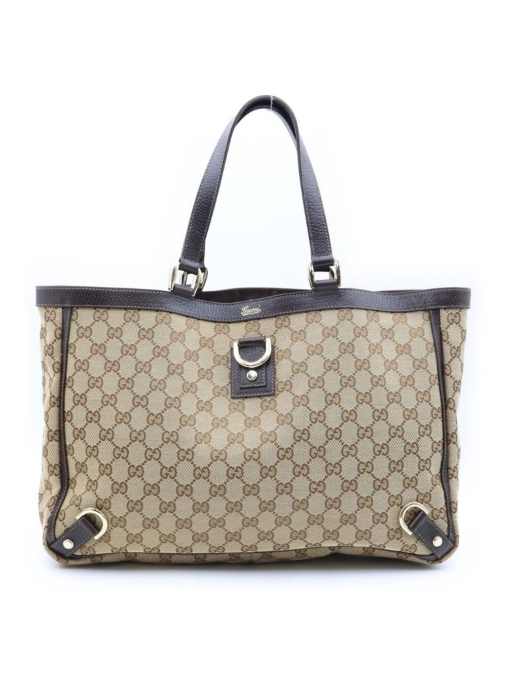 Gucci Abbey Line GG Canvas Tote Bag Beige Leather Gold